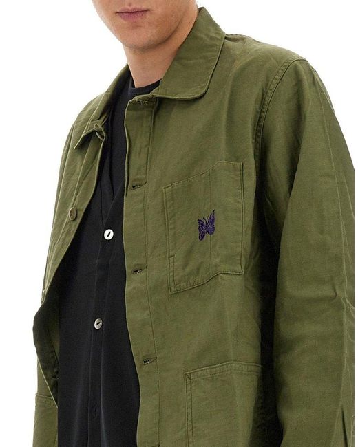 Needles Green Logo Embroidered Buttoned Shirt for men