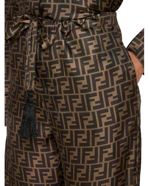 Fendi Ff Print Silk Trousers in Brown | Lyst