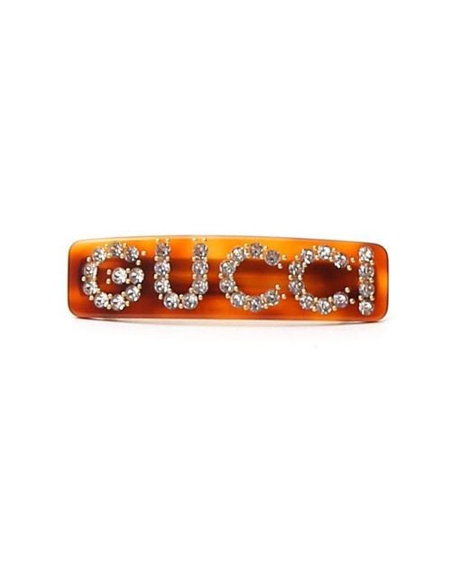 Gucci Orange Logo Crystal Embellished Hair Clip