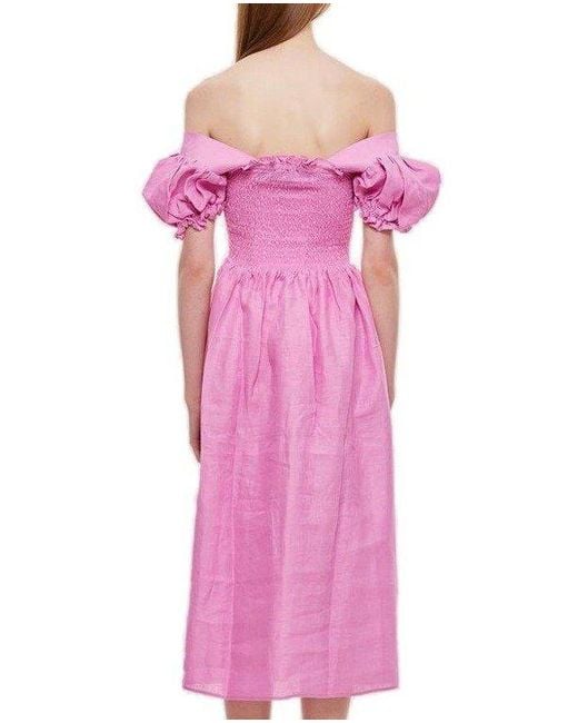 Sleeper Pink Ruffled Off-shoulder Midi Dress