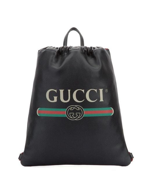 Gucci Black Logo Print Drawstring Backpack