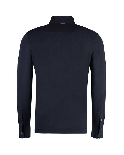 Zegna Blue Long Sleeve Cotton-piqué Polo Shirt for men