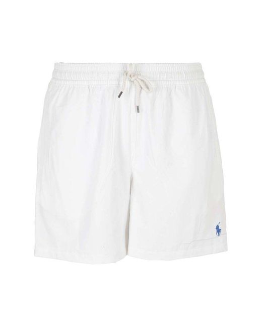 Polo Ralph Lauren White Logo Embroidered Drawstring Swim Shorts for men
