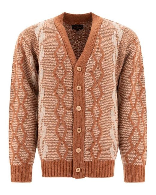 Beams Plus Brown Patterned Knit Cardigan for men