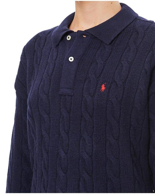 Polo Ralph Lauren Blue Cable-knit Wool-blend Polo Sweater
