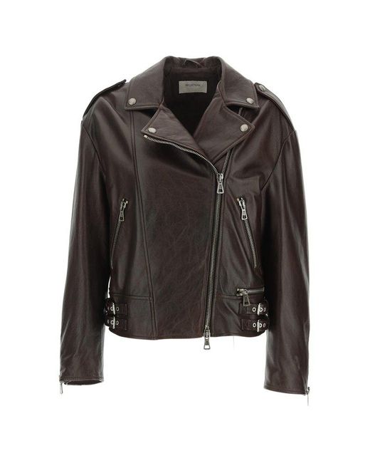 Sportmax Zip-up Leather Biker Jacket in Brown (Black) | Lyst