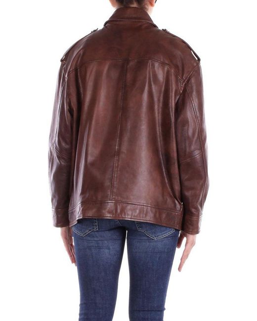 Pinko Brown Press-Stud Fastened Leather Jacket