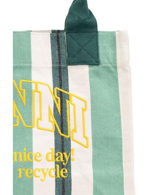 Ganni Green Shopper Bag With Logo,