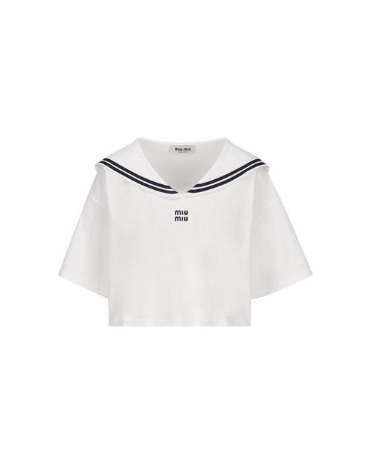 Miu Miu White Logo-embroidered Sailor-collar T-shirt