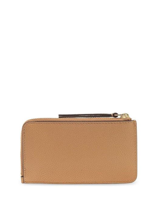 Tory Burch Brown Robinson Pebbled Top-Zip Card Case