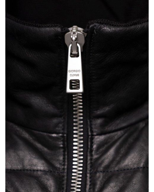 Giorgio Brato Black High-neck Zipped Leather Down Jacket for men