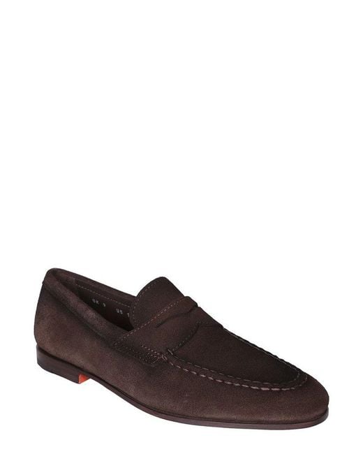 Santoni Brown Round Toe Slip-On Loafers for men