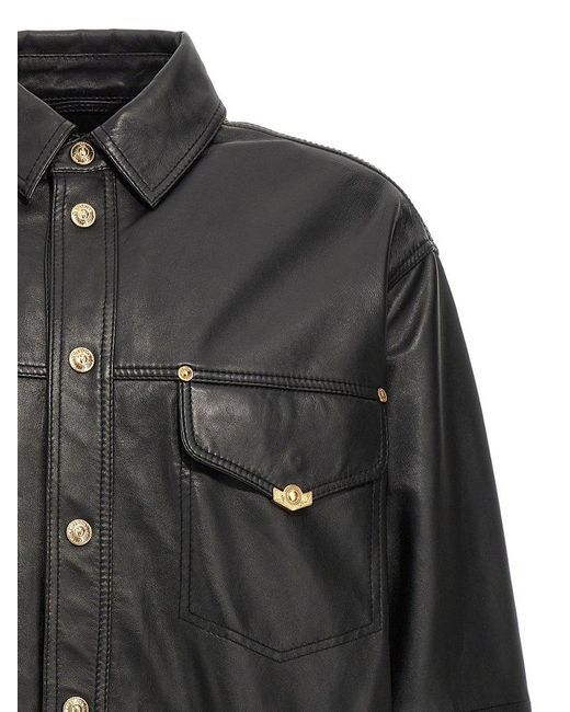 Versace Black Logo Button Leather Jacket for men