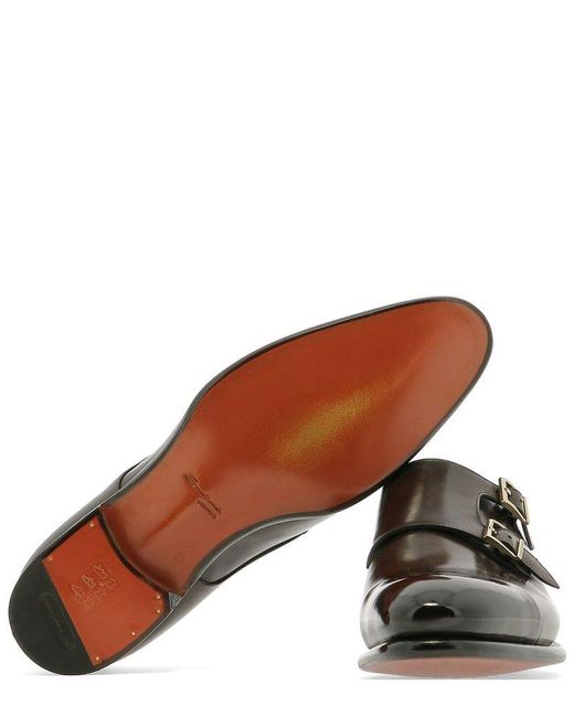 Santoni Brown Buckle Detailed Slip-On Monk Shoes for men