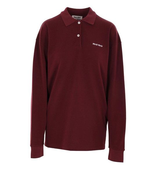 Miu Miu Logo-Embroidered Piqué Long-Sleeved Polo Shirt