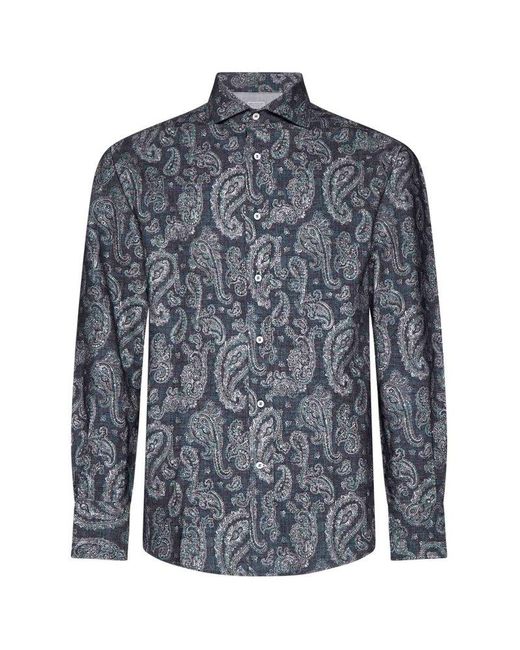 Brunello Cucinelli Blue Paisley Print Cotton Shirt for men