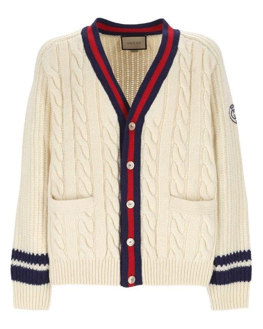 Gucci Natural Web Stripe Cable-knit Wool Cardigan for men