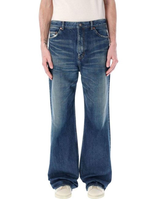 Saint Laurent Blue Whiskering-effect Distressed Bootcut Jeans for men
