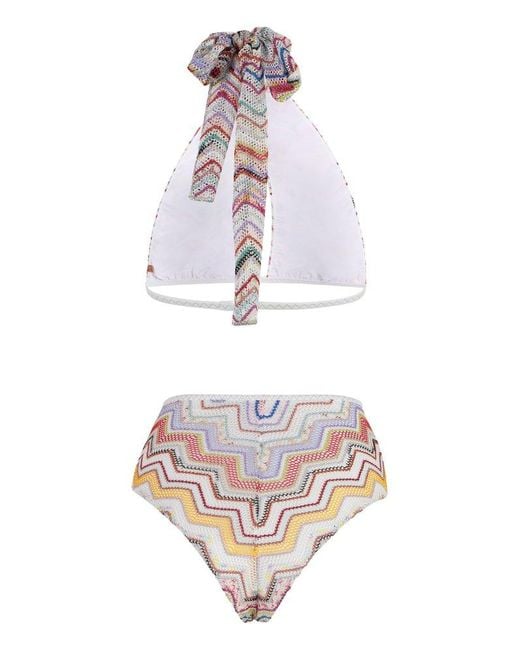 Missoni White Zigzag Pattern Halterneck Bikini Set