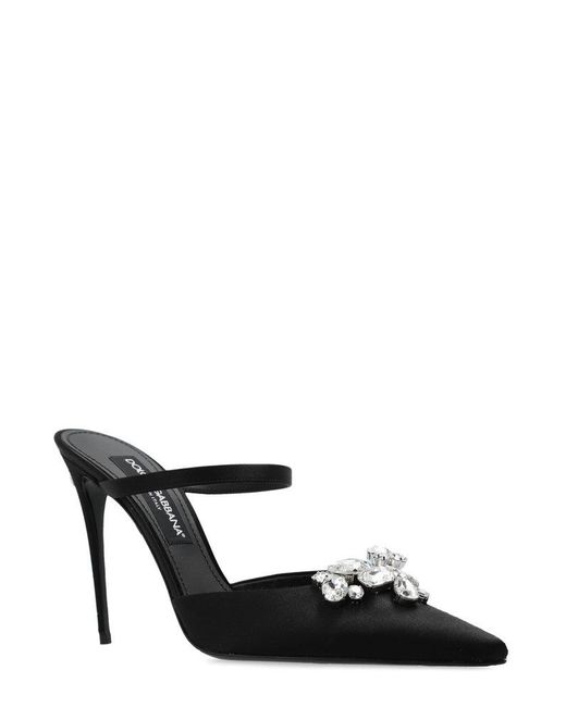 Dolce & Gabbana Black Embellished Pointed Toe Satin Mules