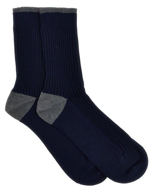 Brunello Cucinelli Blue Ribbed Cotton Socks for men