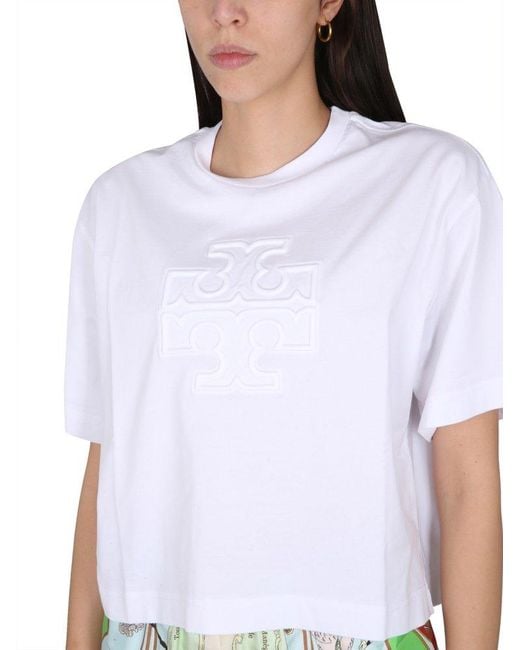 Tory Burch White Logo Embroidered Crewneck T-shirt