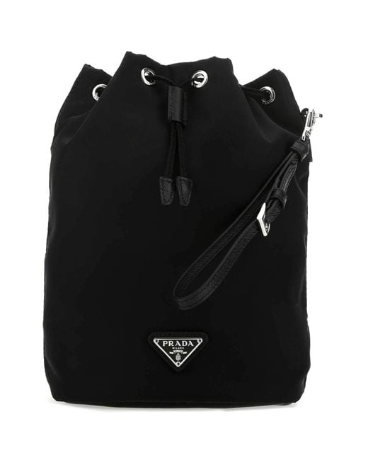 Prada Black Logo Plaque Drawstring Pouch Bag