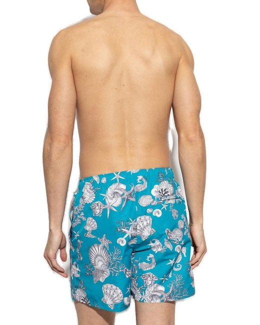 Versace Blue Pattern-Printed Drawstring Swim Shorts for men
