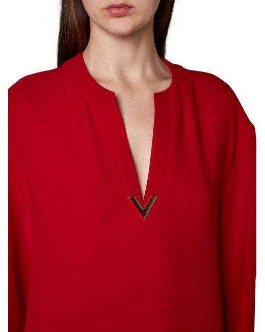 Valentino Red V-neck Logo Plaque Long-sleeved Dress