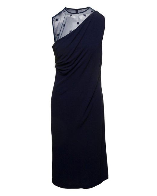 Givenchy Blue Midi Sleeveless Draped Dress With 4G Plumentis Trasparen