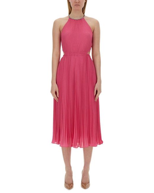 Michael Kors Red Cut-out Sleeveless Pleated Midi Dress