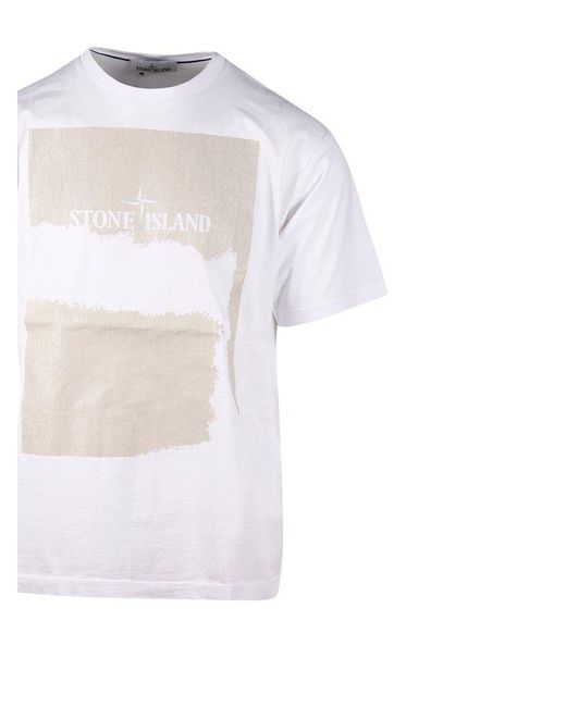 Stone Island White Logo Printed Crewneck T-shirt for men