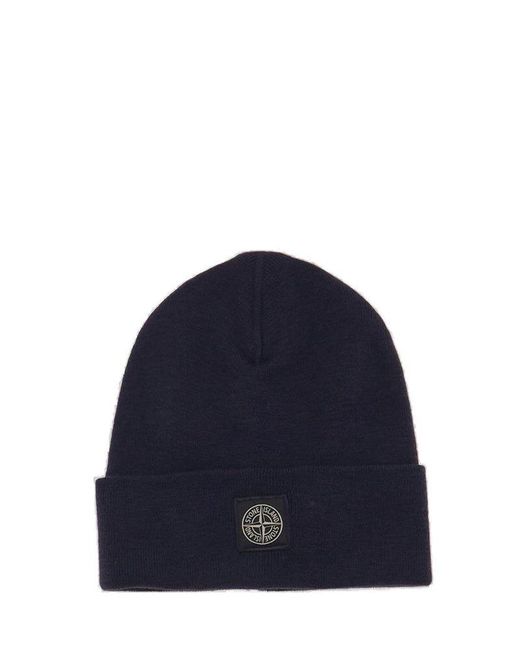 Stone Island Blue Logo Patch Ribbed Beanie for men