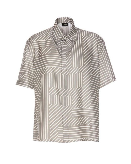 Fendi Gray Geometrical Lines Printed Buttoned Shirt for men