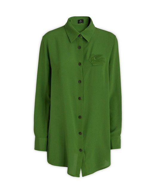 Etro Green Logo Embroidered Long-sleeved Shirt