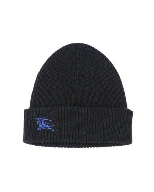 Burberry Blue Equestrian Knight Logo Embroidered Ribbed-knit Beanie