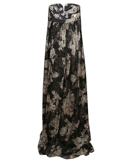 Max Mara Black Acerbo Floral Printed Strapless Dress