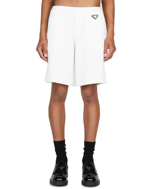 Prada White Triangle Plaque Terry Shorts for men