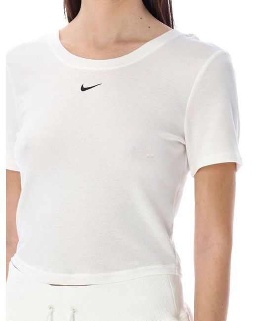 Nike White Logo Embroidered Ribbed Cropped T-shirt