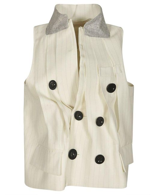 Sacai Natural Pinstriped Double-breasted Pleated Gilet