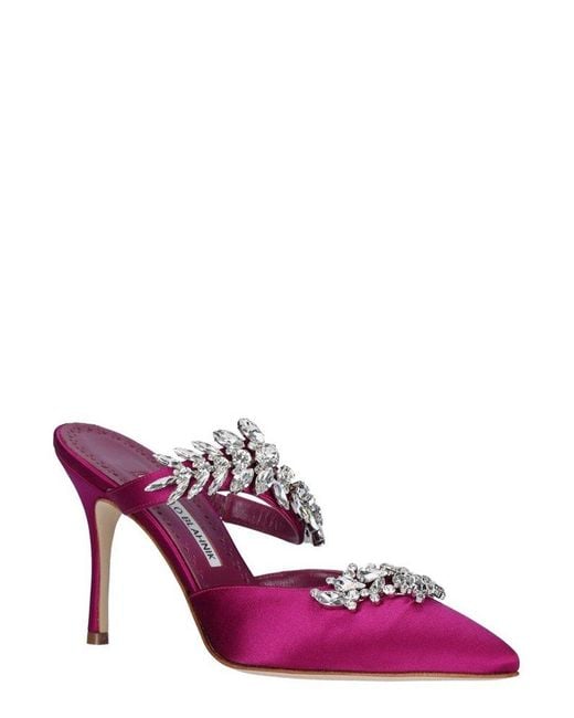 Manolo Blahnik Pink Lurum Embellished Pointed Toe Mules