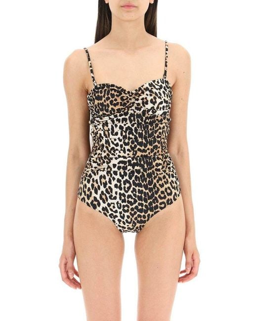 Ganni Black Leopard Print One Piece Swimsuit