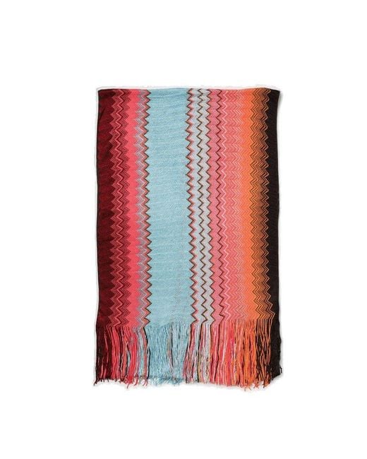 Missoni Red Zigzag Patterned Fringed Scarf