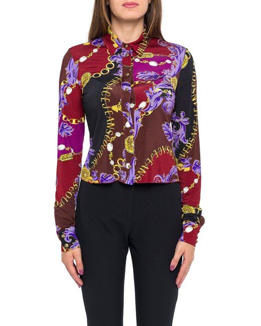 Versace Blue Chain Couture Print Long-sleeved Shirt