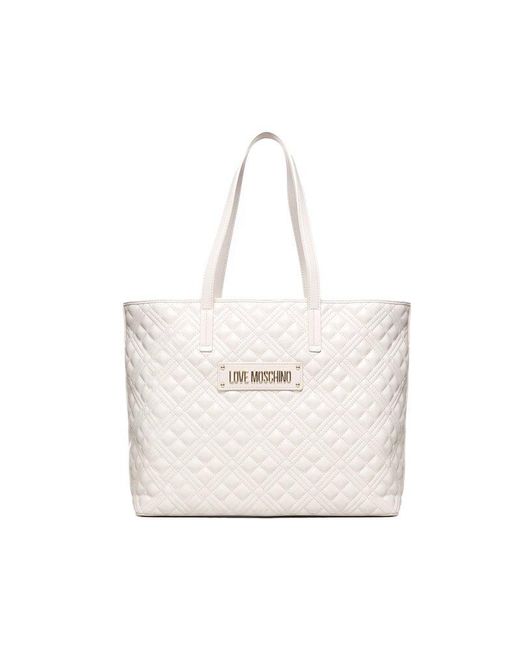 Love Moschino White Lettering Logo Quilted Shopper Bag