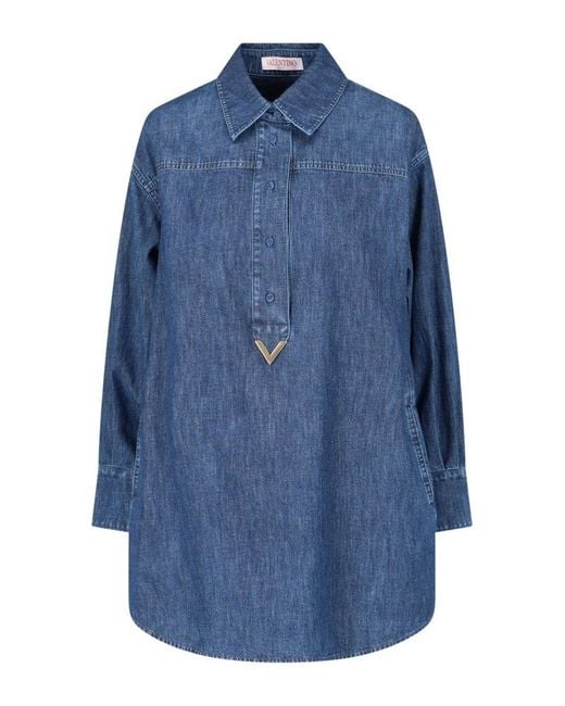 Valentino Blue Vgold Curved Hem Denim Shirt Dress