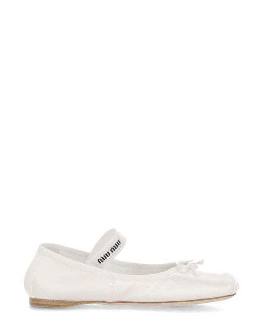 Miu Miu White Bow-detailed Slip-on Satin Ballerina Shoes
