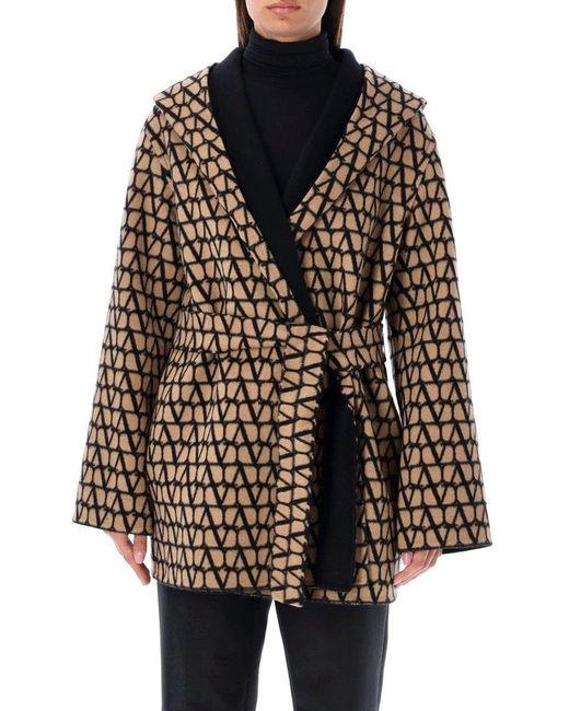 Valentino Black Toile Iconographe Belted Hooded Coat
