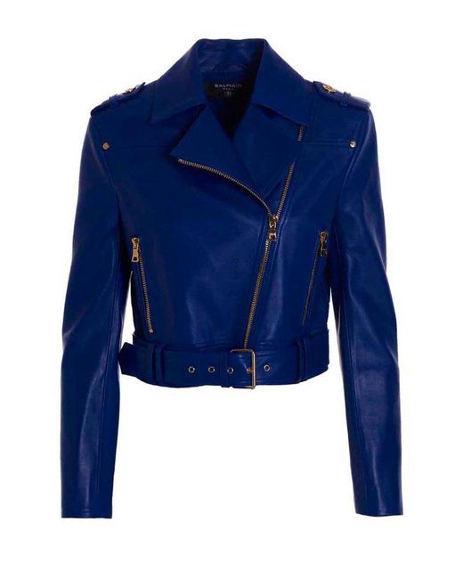 Balmain Blue Leather Cropped Jacket