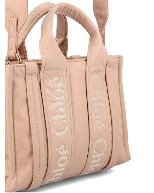 Chloé Pink Woody Logo Embroidered Small Tote Bag